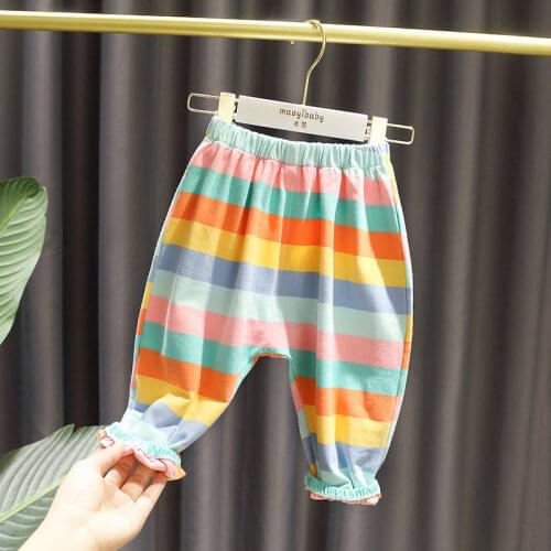Girls Summer Pants 2021 New Soft Skin Friendly Cotton Rainbow Stripe Children Casual Haren Pants