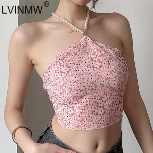 LVINMW Beaded Chain Halter Backless Sexy Slim Crop Top Floral Patchwork Sweet Skinny Tank Tops Back Bartack Summer Pink Cloth
