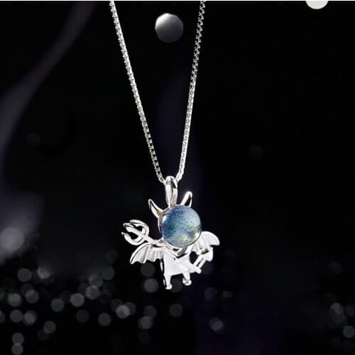 MLKENLY Natural Crystal Necklace S925 Sterling Silver Clavicle Chain Cute Gray Moonstone Little Devil Pendant Necklace Female