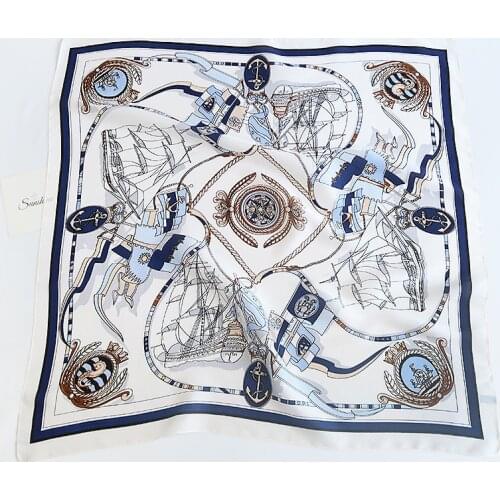 Fashion Women Navy Blue Anchor Square Silk Shawl Scarf Lady Print Soft Wraps Luxury Brand Pashmina Bufandas Muslim Hijab 70*70Cm