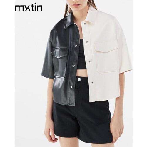 MXTIN 2021 Women Spring Vintage Duotone Cropped Jacket Coat Fashion Oversized Pockets Short Sleeve Female Outerwear Casual Tops
