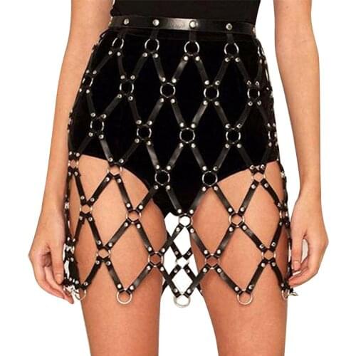 Sexy Black Goth Punk Leather Skirt Cross Harness Garters Hollow Chest Stocking Body Bondage Erotic Fetish Lingerie Womens Belt