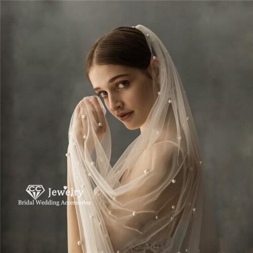 CC Wedding Hair Veil for Bride Women Pearl Veils with Comb Luuxury Soft Yarn Tulle Cathedral Hairwear De Noiva One Layer V639