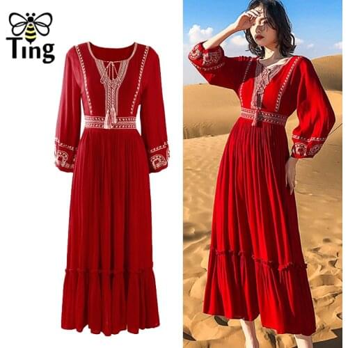 Tingfly Vintage Bohemian Summer Embroidery Red Long Dress Party Dinner Dresses Casual Vestidos Streetwear Free Dress Boho People