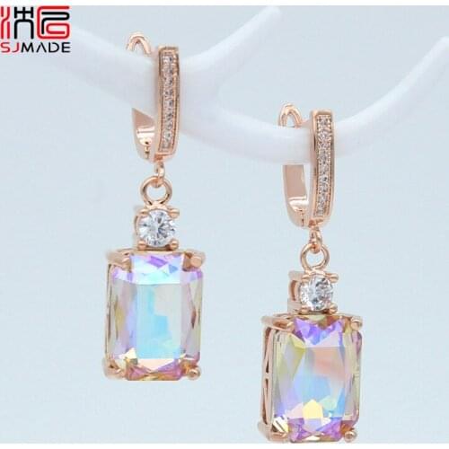 SJMADE Fashion Japanese South Korean Elegant Luxury Square Crystal 585 Rose Gold Dangle Earrings For Women Wedding Party Jewelry
