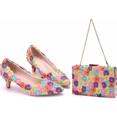Crystal Queen Multicolor Flower Shining Crystal Womens Wedding Shoes Matching bags Clutches 5CM High Heels Female Pumps Party