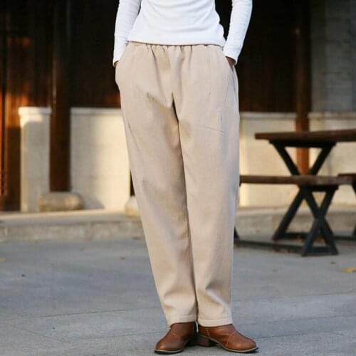 Johnature Women Vintage Cotton Linen Long Pants Fleece Elastic Waist Thick Warm Trouser 2020 Winter New Casual Straight Pants