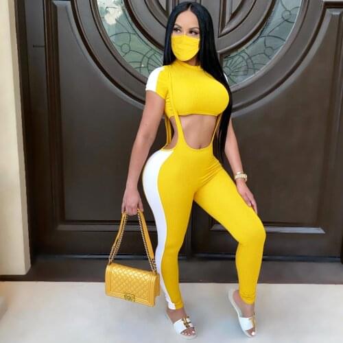 Women Knit Ribbed Patchwork Set Two Piece Set Crop Top + Jumpsuit Solid Color Short Sleeve Tracksuit Clothes