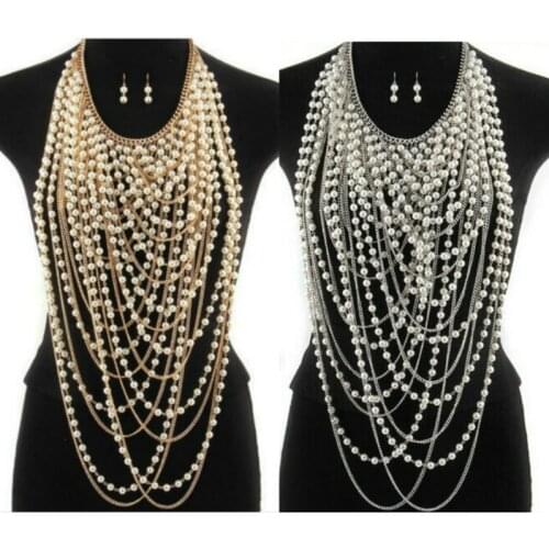 2020 New Multi Layer Hyperbole Tassel Beads Long Necklace Women Beach Ethnic Punk Rock Luxury Sexy Pearl Bodychains Body Jewelry