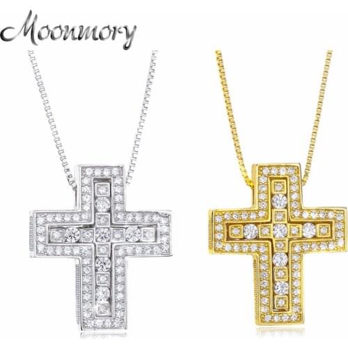 Moonmory 100% Authentic 925 Sterling Silver European Women Luxury Zircon Double Cross Pendant Necklace For Japan Men Necklaces