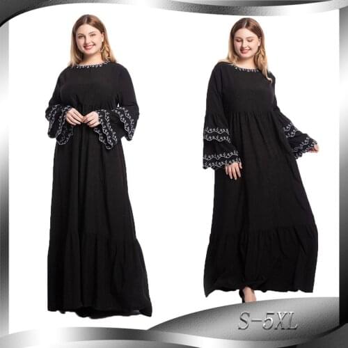 Middle East Abaya Dress For Women Black Fashion Petal Sleeve Dress Long Sleeve Embroidered Slim Abayas Muslim Dubai Clothes