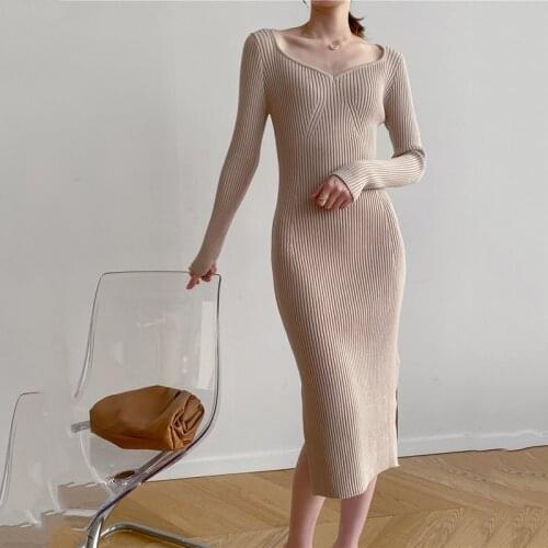 Autumn Elegant retro V-neck thread slim split knitted dress for womens Winter bottom long sweater dress Office Lady vestidos