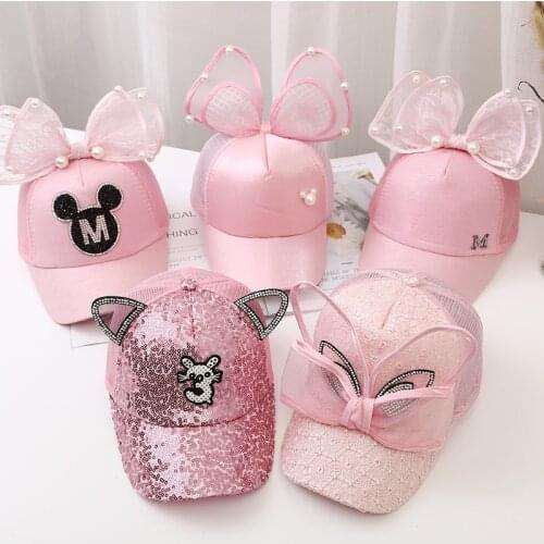 2021 Children Big Bow Cartoon Baseball Cap Girls Pearl Snapback Sun Protection Caps Mesh Rabbit Ear Kids Baby Trucker Sun Hat