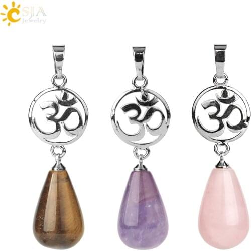 CSJA Natural Stone Crystal Pendants Water Drop OM Pendant Charms for Necklace Fluorite Tiger Eye Quartz Aventurine Jewelry G738