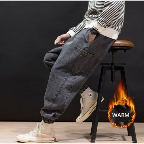Oversize Thicken Jeans Mens Loose All-match Washed Plush Denim Trousers Casual Pockets Crossover Pants Hip-hop Street Winter