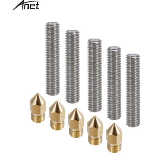Anet A8 5pcs 30mm Extruder 1.75mm Throat Tube 5pcs 0.4mm Brass Extruder Nozzle Print Heads for MK8 Makerbot Reprap 3D Printer
