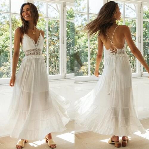 Jastie Sleeveless V-Neck Strap Summer Dresses Women White Hollow Waist Sexy Lace Dresses Sexy Boho Beach Long Female Vestidos