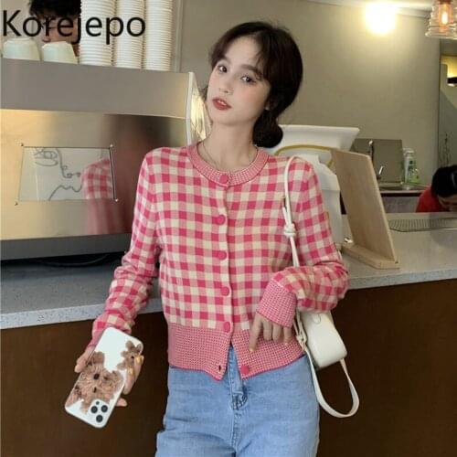 Korejepo Women Knitted Cardigan 2021 Autumn Winter New Sweet Retro Pink Plaid Thin Short Outer Wear O-neck Long-sleeved Sweater