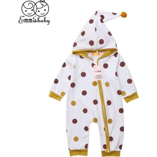 Newborn Baby Girl Boy Romper Infant Toddler Kid Long Sleeve Zipper Dot Hoodies Jumpsuit Autumn Outfit Sleepwear Pajamas Clothes