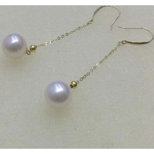 6mm 8mm round Akoya pearl G18K earring dangle long style chain golden