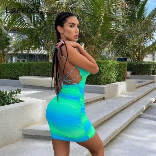 Laertes Summer Dresses For Women Backless Spaghetti Strap Fashion Casual Bodycon Blue Dress Sexy Outfis Female Clothing
