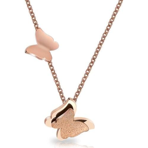 Fashion Butterfly Pendant Chain Necklace Women Girls Cute Rose Gold Color Long Stainless Steel Choker Charms Clavicle Necklace