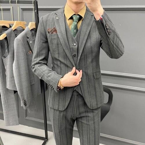 Mens Wedding Suit Tuxedo Groom Suits for Men Wedding Three-piece Autumn New Korean Mens Striped Business Casual Suit Suit