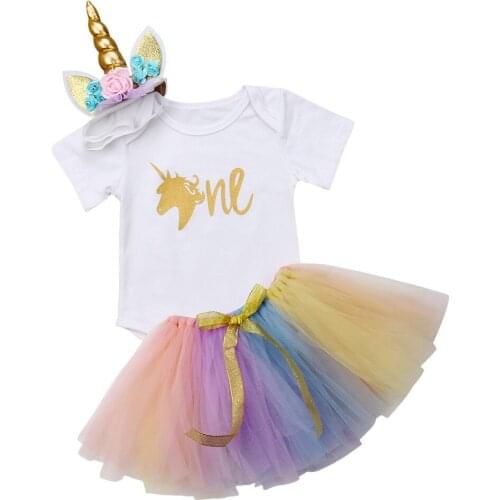 New Arrivels Toddler Baby Girls Birthday Unicorn Romper Rainbow Tutu Skirt Dress Outfit
