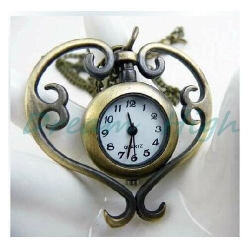 New Arrival Heart Pendant Sweater Chain quartz Watch Antique Bronze Chain Jewelcy Pocket Watch 12pcs/lot Free Shipping