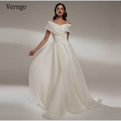 Verngo 2021 New Simple A Line Organza Wedding Dress Off the Shoulder Short Sleeves Bride Gowns With Bow Back Sash Vestidos