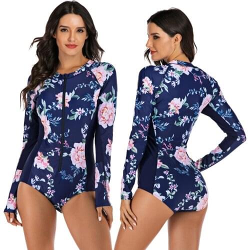 2020 Print Floral One Piece Swimsuit Short Sleeve Swimwear Women Bathing Suit Retro Swimsuit Vintage One-piece Surfing Swim Suit