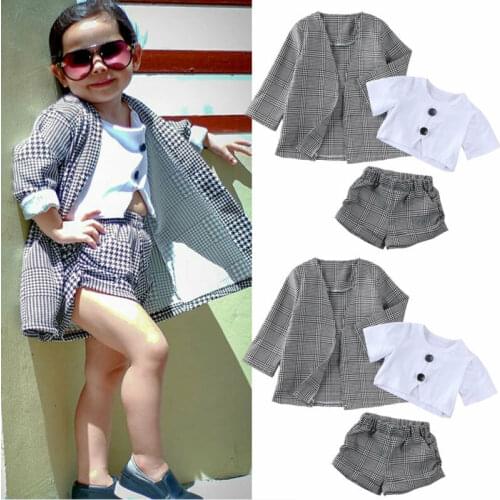 2020 Spring Toddler Girl Clothes Kids 3PCS Long Sleeve Plaid Blazer Coat White Button Crop Top Shorts Pants Fashion Outfits 1-6Y