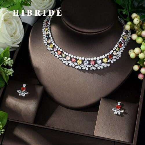 HIBRIDE High Quality Multi-color Zirconia Wedding Jewelry Set Heart Shape Bridal Necklace and Earring ensemble de bijoux N-1037