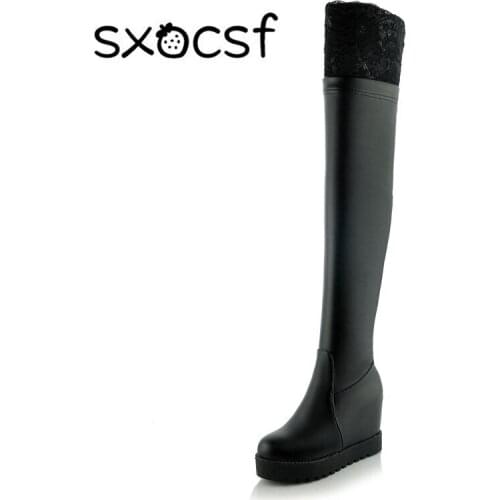 Plus Size 34-43 Autumn Winter Over Knee-High Wedges Platform Sweet Lace Boots Women Girls Sexy Long Boots Lady Shoes Botas Black