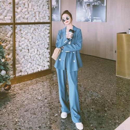 Blazer and Pants 2 Piece Set Women Blue Purple Suits Fashion Elegant Korean Double Breasted Loose Suit Coat Wide Leg Pants M008