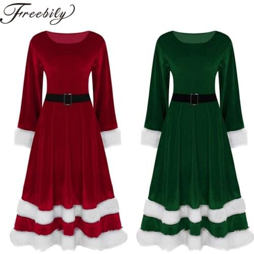 Red Green Women Soft Velvet Long Sleeve Christmas Costume Adult Ladies Mrs Santa Claus Xmas Fancy Cosplay Party Dress Up