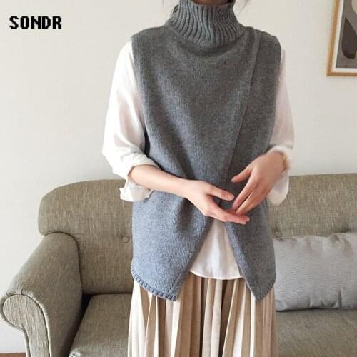 Turtleneck Vest Sweater Fashion Woman Clothes 2020 Fall Korean Style Loose Chic Slit Sleeveless Waistcoat Knit Bottoming Shirt