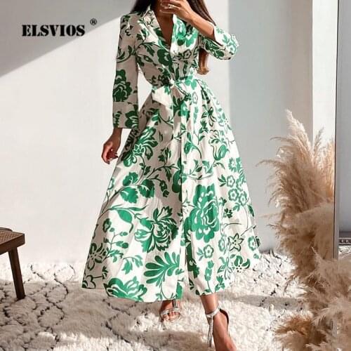 Floral Print Summer Dresses Women Turn-down Collar Long Sleeve Shirt Dress Fall 2021 Casual Elegant Slim Party Maxi Dress Vestid