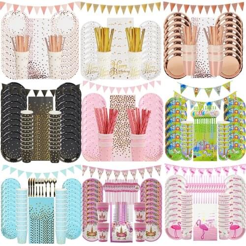 12-24 guests Birthday Supplies Disposable Tableware Kit Girl Boy Birthday Party Decoration Paper Plate Cup Baby Shower Wedding