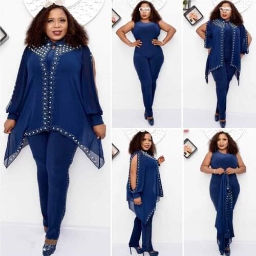 2021 African Women Kanga Clothing Suits 3 Pieces Vest Tops Pants Beads Hot Drilling Suits Chiffon Africa Clothing Sets Fashion