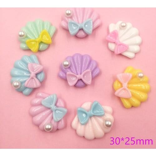 30Pcs Kawaii Resin Pearl Bow Shell Flatback Cabochon Scrapbooking Fit Phone Hair Clips Embellishments Diy Accessories:30*25mm