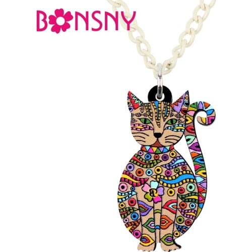 Bonsny Acrylic Elegant Floral Sitting Kitten Cat Necklace Pendant Chain Choker Novelty Animal Jewelry For Women Girls Teens Bulk