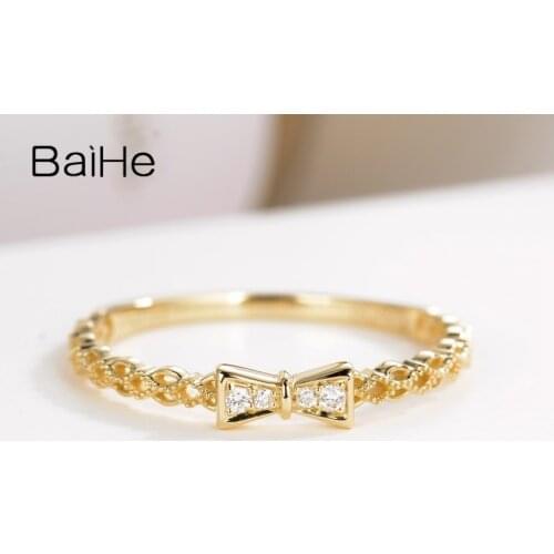 BAIHE Solid 14K Yellow Gold 0.03ct H/SI Round Natural Diamonds Wedding Band Engagement Ring Trendy bowknot Diamond Gift Ring