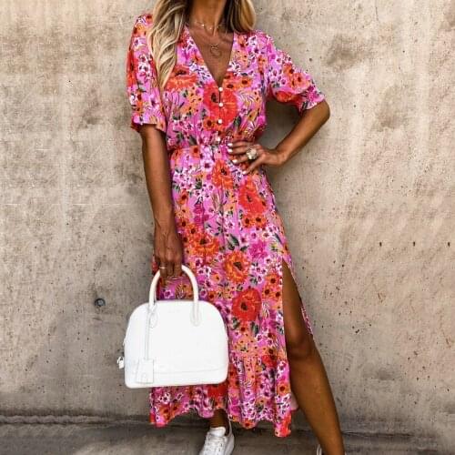 Boho Women Floral Print V Neck Side Slit Party Dress 2021 Summer V-Neck Print Collect Waist Sexy Womens Formal Dresses