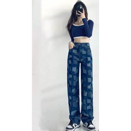 Vintage Washed Jeans Women Trousers Female Loose High Waist Wide Leg Pants Straight Casual Patch Stitching Plaid Cowboy Cotton
