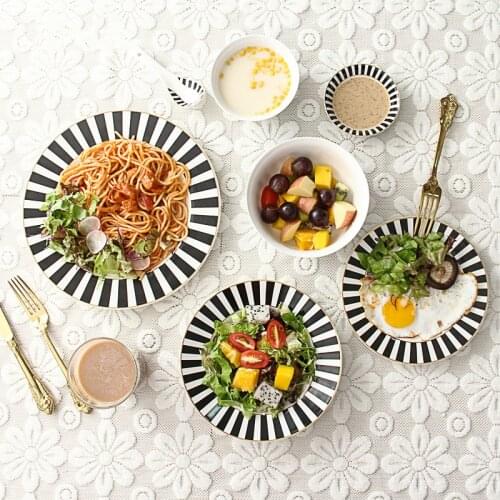 European Style Steak Plate Flat Western Dinner Plate Ceramic Soup Plate Black and White Geometric Series Tableware Ceramic Bowl