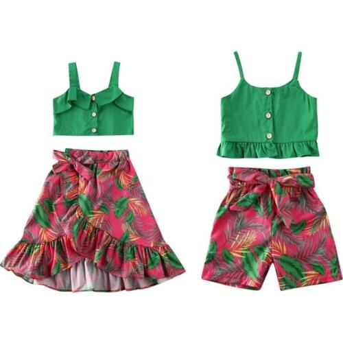 Focusnorm 0-6Years Baby Girls Summer Clothes 2 pcs Floral Green Ruffle Crop Top Vest Floral Bowknot Skirt Girls Sunsuit Clothing