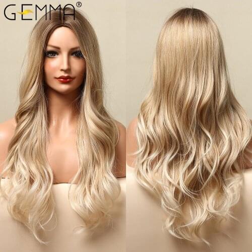 GEMMA Long Water Wave Synthetic Wigs for Women Ombre Brown Highlight Blonde Cosplay Daily Party Wig High Temperature Fiber Hair