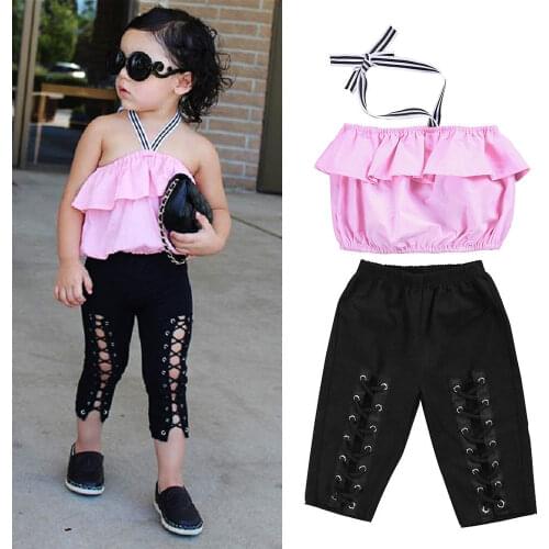 Girls Fashion Clothing Set Hot Toddler Kids Girls Off Shoulder Halter Tops Elastic Pants Outfits 2Pcs Set 1-6T Fille Street
