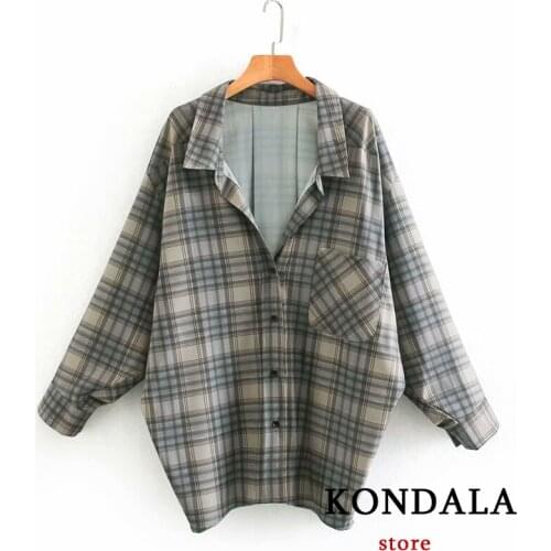 KONDALA Za 2021 Women Fashion Plaid Print Vintage Loose Shirts Button Long Sleeve V-Neck Casual Oversized Outwear Mujer Tops